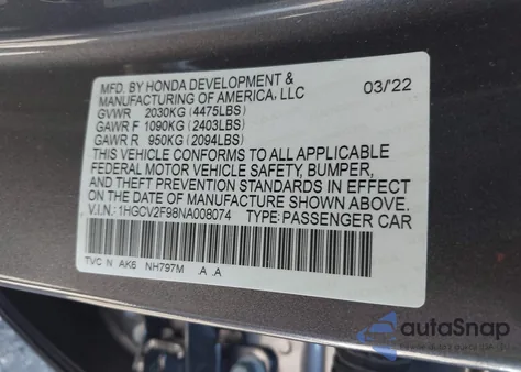 2022 Honda Accord Touring from USA, damaged, VIN 1HGCV2F98NA008074
